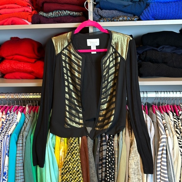 Cache black with metallic green/gold open front long sleeve light jacket size 0 - Picture 1 of 3